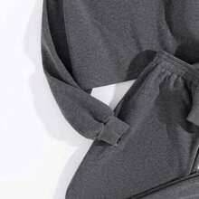 CUTE Conjunto de dos piezas de suéter de cuello redondo de unicolor de manga y pantalones largos de punto, casual, para otoño/invierno - Gris - Ver 3