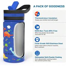 2 Pack Insulated Kids Water Bottle,  14oz Stainless Steel Water Bottles With  Straw Lid, -FREE Lead-Free Double Wall Leak Proof Drink Cups Flask For School (Blue Car +Blue Dinosaur) - 藍色恐龍園 - 查看 2