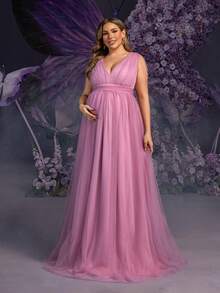 Faeriesty Vestido de maternidad de talla grande Dressalisa con escote en V sin mangas y detalles de hombros con cuentas - Falda de tul sobredimensionada lujosa para bodas, fiestas y eventos glamorosos de primavera/verano (Diseño de maternidad elegante y sofisticado, silueta favorecedora) - Púrpura malva - Ver 2