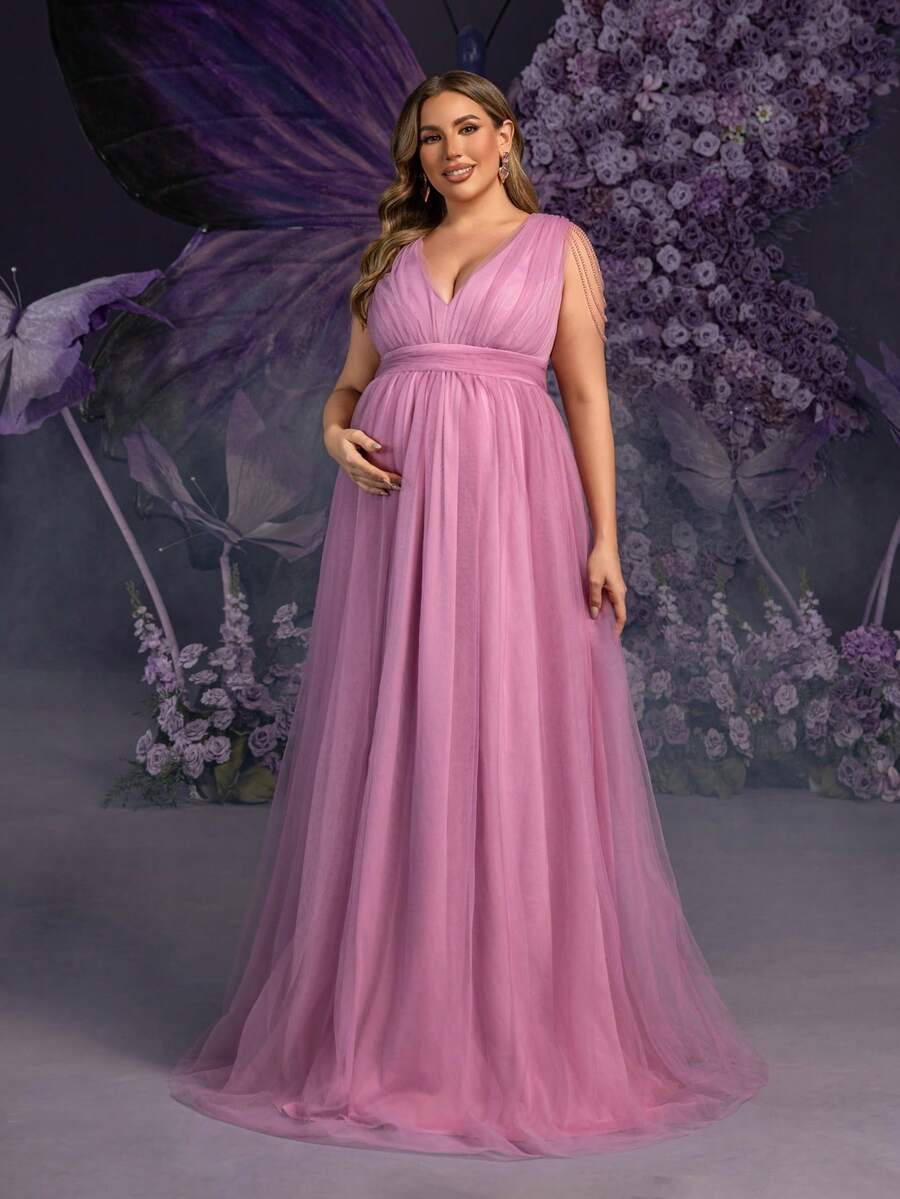 Faeriesty Vestido de maternidad de talla grande Dressalisa con escote en V sin mangas y detalles de hombros con cuentas - Falda de tul sobredimensionada lujosa para bodas, fiestas y eventos glamorosos de primavera/verano (Diseño de maternidad elegante y sofisticado, silueta favorecedora)