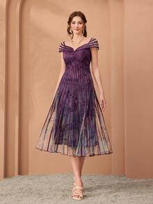 Mgiacy,New Arrival,Shoulder Wear, Strapless, Printed Mesh, Tie, Big Swing, High-End Evening Dress, For, Black Tie Event Dress - Purple - View 3