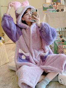 Bata de Invierno Mujer con Capucha de Pelo Coral - Diseño Animal Peludoso, Ultra Caliente y Transpirable para Fiesta de Pijamas - Morado - Ver 1