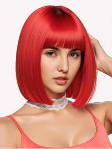 Stylish Red Bob Wig With Bangs - Short Straight Cosplay Wig For Halloween Parties, Versatile For All Ethnicities, Costume Hairpiece Versatile Wig Stylish Bangs, Wig Accessories - Red - View 3