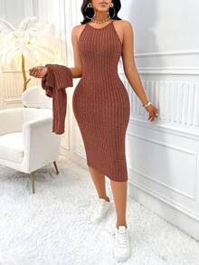 AIJ Amarilo Women 2 Pieces Set: Solid Color Button-Front Jacket And Solid Color Backless Bodycon Dress Summer Spring - Reddish Orange - View 6