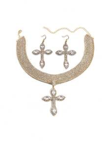 2 件水钻十字架项链和耳环套装，方晶锆石镶嵌闪亮时尚女士颈链首饰套装，适合派对、婚礼、夜总会