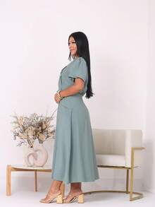 Set Of Midi A-Line Skirt With Pockets And Front Slit Short Blouse With Buttons Simple Casual Elegant Pocket Wedding Beach - Mint Green - View 6