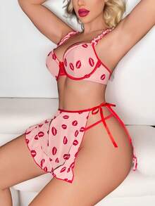 法式浪漫经典性感荷叶边吊带钢圈透视内衣套装 + 单开衩缎带荷叶边下摆短裙 + 丁字裤 - 淺粉色 - 查看 1