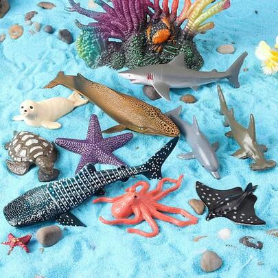 16pcs/Set Ocean Animal Doll Models, Including Shark, Dolphin, Penguin, Whale And Other Marine Animals Plush Toys, Educational Toys For Kids, Suitable For Halloween, Christmas And Birthday Gifts