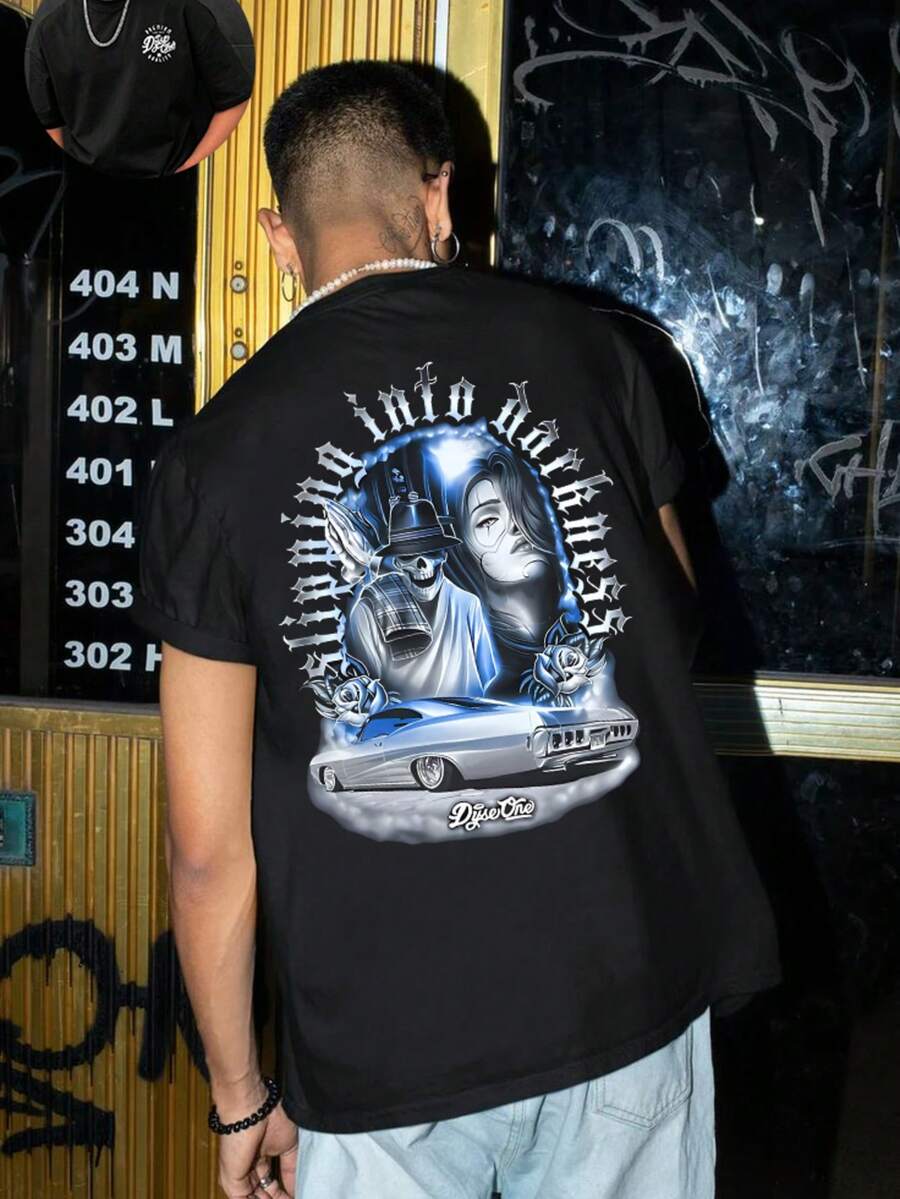 Dice One DARKNESS  Graphic Print 100% Cotton T-Shirt Mens T-Shirt, Summer And Spring Short Sleeve Crew Neck Casual Tops, Mens Clothing - Black - View 1