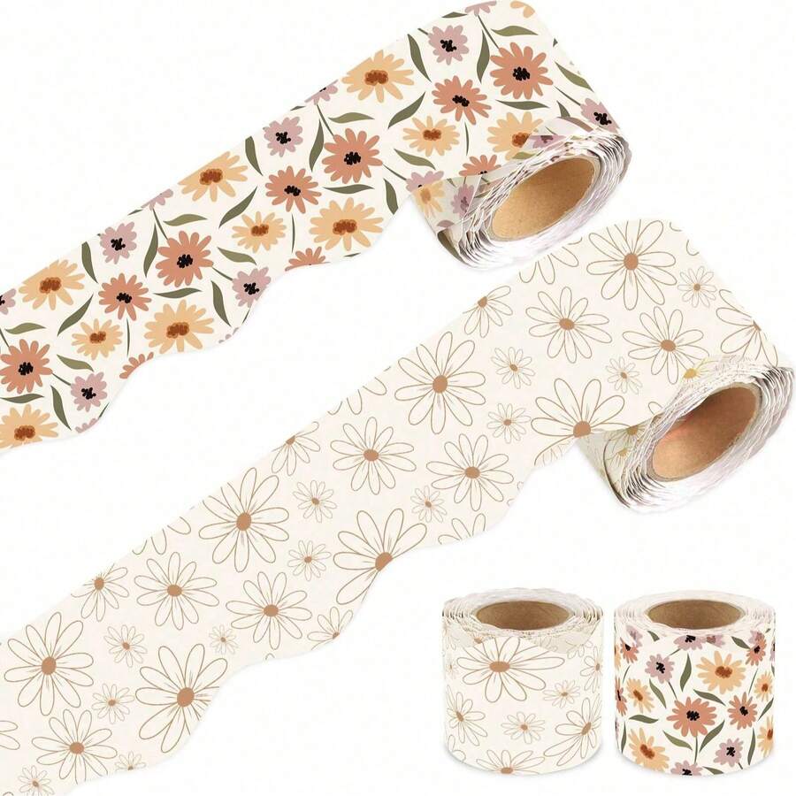 1 Roll/2 Rolls Bohemian Style Floral Bulletin Board Border Stickers, Vintage Rainbow Flower Bulletin Board Decor, Colorful Frame Stickers, Suitable For School Classroom, Office, Party Decoration, Back To School Supplies - Multicolor - View 1