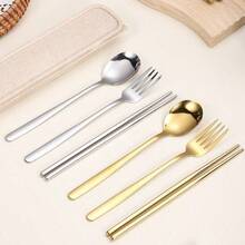 1 Pc Three Piece Set Of Rust Resistant And Drop Resistant Stainless Steel Tableware: Complete With Knives, Spoons, And Chopsticks, Suitable For Camping, Picnicking, Office Workers, And Student Parties - Green - View 2