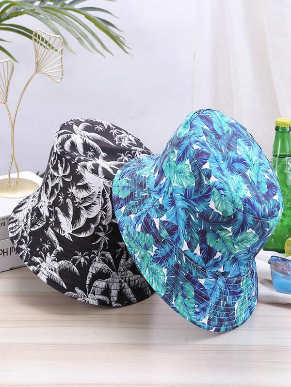 1 Stück beidseitig bedruckter Fischerhut mit Kokospalmen Motiv, UV-Schutz, geeignet für Damen und Herren, Strand, Resort