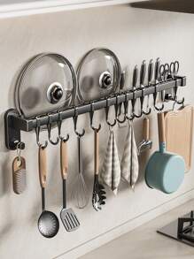 1pc Sleek Black Wall-Mounted Metal Kitchen Rack, Modern Elegance With Spice Organizer, Knife Holder & Utensil Hooks, Multi-Use Home Decor Shelf, Kitchen Decor, Spice Rack, Utensil Hooks, Home Decor Organizer, Utility Racks