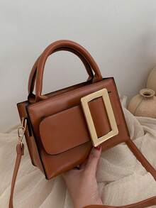 Retro Fashion Handbag Messenger Bag Solid Color Texture Shoulder Bag - Brown - View 4