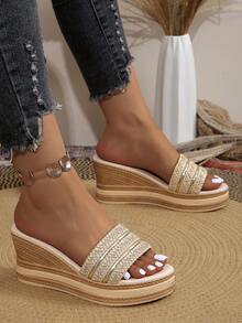 Fashionable Thick Sole Platform Wedge Women's Sandals, Woven Slip-On Ladies Casual Outdoor Slippers - Beige - View 6