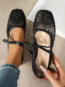 1 双淑女蕾丝平底鞋，带蝴蝶结装饰，一脚蹬款式，适合搭配裙子 - 黑色 - 查看 4