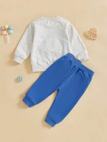 Toddler Boy Birthday Outfit Letter Ballon Embroidery Long Sleeve Pullover Elastic Waist Solid Pants 2Pcs Set - Blue - View 3