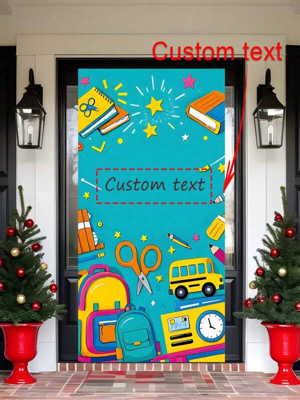 1 pieza Cortina de decoración de regreso a la escuela con diseño de lápiz y libro - texto personalizable - sin electricidad necesaria, adecuado para el aula, educación en el hogar, decoración de fiestas, tema del aula, decoración de bienvenida de fácil colgado, arreglo de eventos