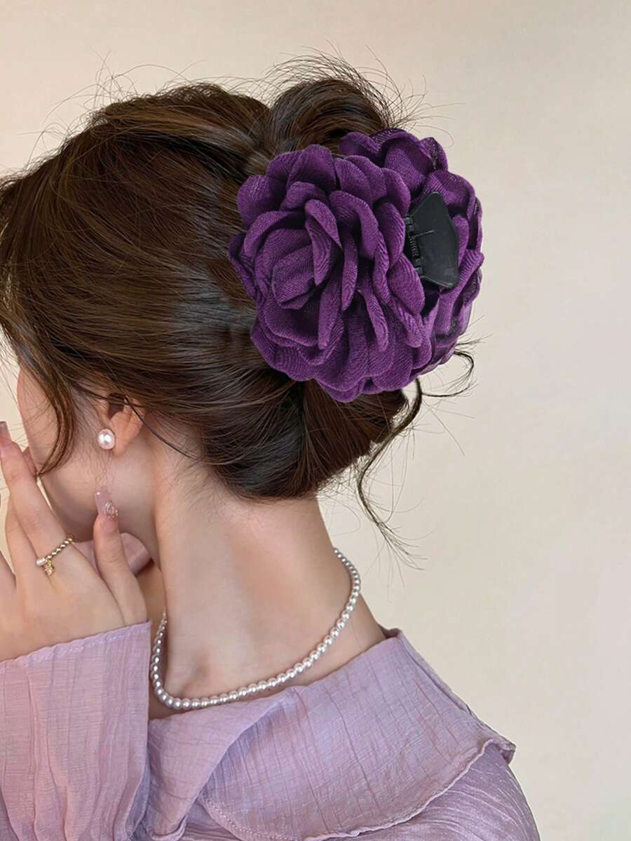 1 件面料多层玫瑰花大号发爪夹发夹发夹发夹发夹发夹发夹秋冬发饰女士度假装女士 - 深紫色 - 查看 1