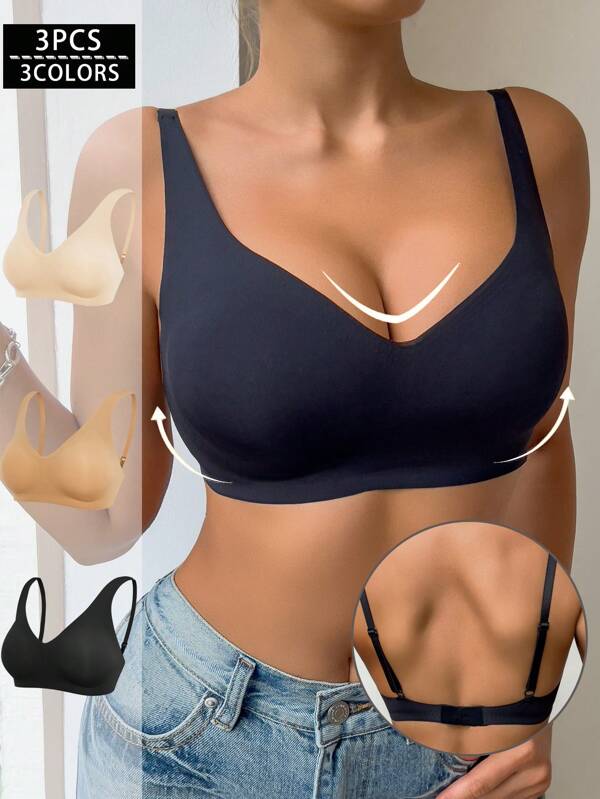 Set de 3 sujetadores sin costuras con efecto push-up para mujeres, sujetador sexy en forma de V sin aro de acero, suave y transpirable con almohadillas extraíbles, diseño minimalista básico de una sola hilera, ropa interior sólida para todas las estaciones.
