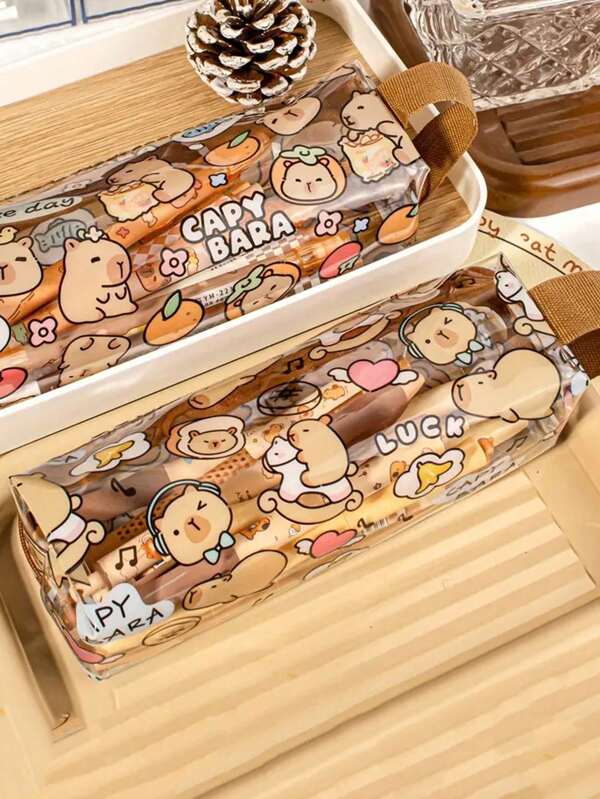 New Cute Capybara Waterproof Dirt-Resistant Hand-Held Transparent Pencil Case, High-Quality Transparent Print Large Capacity Pencil Bag For Students