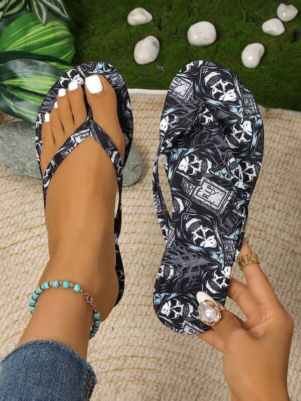 Damen Boho Zehentrenner, Halloween Totenkopf Muster Muster, modisch minimalistisch bequeme flache Sandalen
