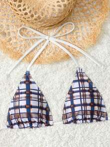 Women Beach Summer Holiday Plaid Print Bikini Set With White Bowknot, Swim Trunks - Multicolor - View 5