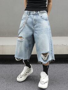 leev 男士直筒牛仔短裤，蓝色斜口袋，简约百搭，夏季宽松休闲装