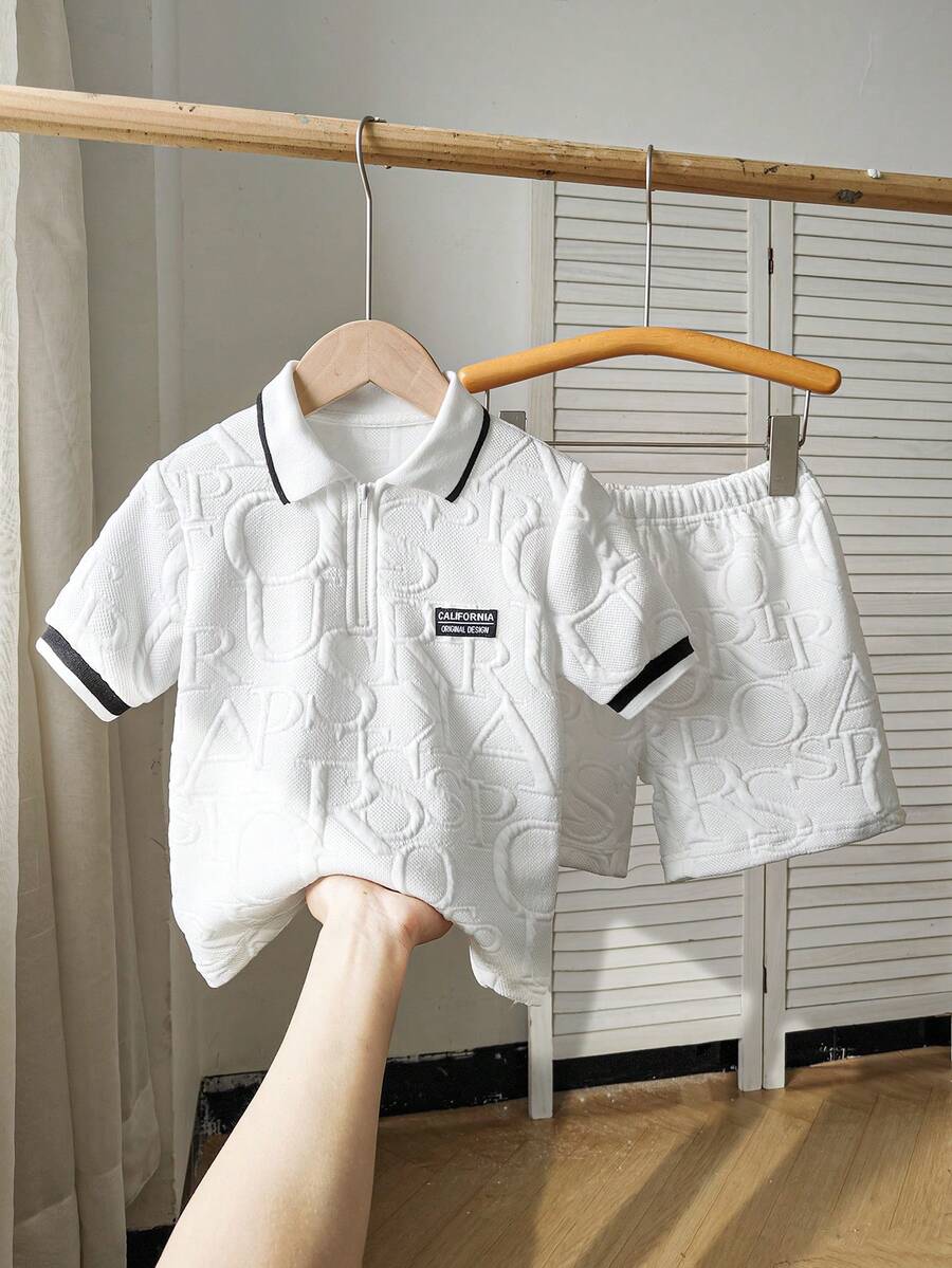 Chatreadl 2 件套年轻男童休闲时尚 Polo 领针织上衣和短裤字母图案服装,适合春、夏、秋季户外 - 白色 - 查看 1