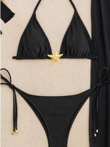 3 件套黑色吊带比基尼套装，带海星装饰，镂空高开叉网眼裙，适合海滩、拍照、度假、日光浴、泳池派对，性感 - 黑色 - 查看 2