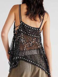 Women's Rivet Beaded Tank Tops Stylish Sequin Side Tie Sheer V Neck Spaghetti Straps Camisoles For Summer - màu đen - Xem 2