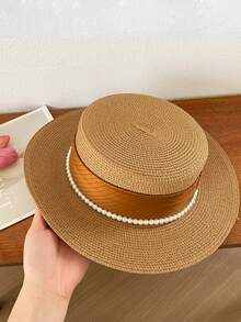1 件女士时尚串珠平顶太阳帽，春夏季防紫外线，欧式高顶礼帽