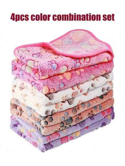 4pcs Extra Soft Fleece Cat Blanket With Cute Paw Print Pattern, Machine Washable Flannel Pet Throw Blanket, Available In Multiple Colors And Sizes, Suitable For Small To Medium Pets