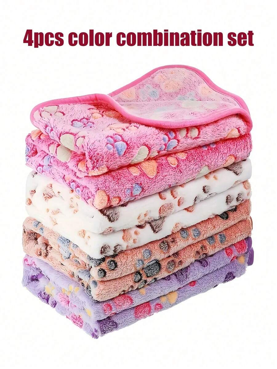 4pcs Extra Soft Fleece Cat Blanket With Cute Paw Print Pattern, Machine Washable Flannel Pet Throw Blanket, Available In Multiple Colors And Sizes, Suitable For Small To Medium Pets - Multicolor - View 1