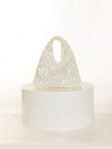 1pc Elegant Cream White Sequin Glitter Tiny Handbag, Minimalist Evening Bag For Women, Suitable For Dates, Dances, Banquets, Parties , Sequin - Beige - View 8