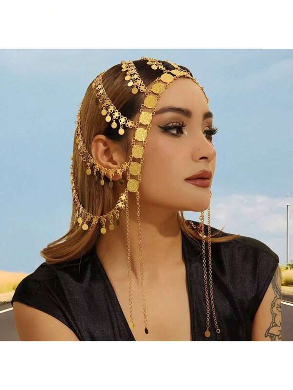 1pc Gold-Plated Turkish Kurd Bridal Headchain, Arabic Coin Totem Women Headdress, Middle Eastern Luxurious Bridal Hair Accessory, Fashionable Elegant Versatile Sexy Casual Outfit, Festival Gift (Handmade With 1-3cm Error)