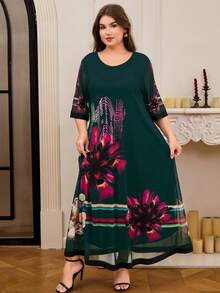 DEARCASE Vestido de talla grande con estampado gráfico y ribete contrastante