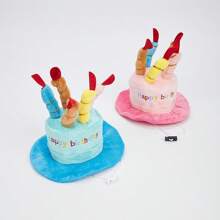 1 Stück weiches Plüsch Geburtstagskuchen Stirnband für Katzen/Hunde - Thema in Blau & Pink mit Regenbogen Kerzen, perfekt für Haustier Geburtstagsfoto & Feierlichkeiten