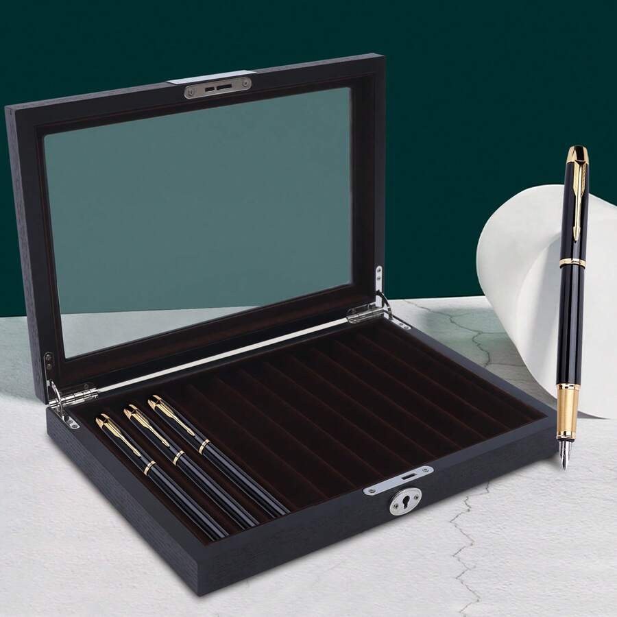 InSyoForeverEC Wooden 12-Slot Pen Case, Pen Display Cabinet, Case That Can Hold 12 Pens, Pen Case With Anti-Theft Lock And Key, Corrosion Resistance And Durability Pen Case, Suitable For Storing Pens Such As Pencils, Ballpoint Pens, Etc. - 黑色 - 查看 1