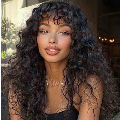 Tóc giả bằng tóc thật có mái cho phụ nữ Tóc giả xoăn sóng nước ngắn không keo Tóc thật có mái 200% mật độ không ren Tóc giả mái gợn sóng Brazil Tóc nguyên chất Tự nhiên Đen 8-30 inch