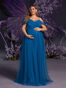 Faeriesty Vestido elegante de maternidad Dressalisa con hombros descubiertos, superposición de malla y detalle de lazo en la espalda para ocasiones de verano y primavera (invitada de boda, cena formal, fiesta de jardín, sesión de fotos de maternidad, evento nocturno) - Agua verde azul - Ver 7