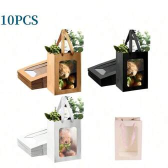 Multi Colored 10PCS Kraft Paper Rectangular Regular Windowed Transparent Gift Bag Size: 20cm * 15cm * 10cm, Suitable For Bridal Gifts, Weddings, Birthday Parties, Various Holiday Gifts, Bouquets, Transparent Windowed Party Handbags