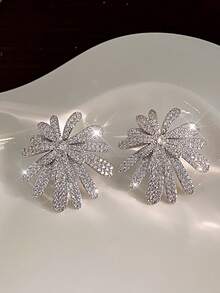 2 件大花耳钉女式奢华镀银锆石耳环新娘婚礼派对珠宝礼物送给女友妻子爱人 - Earrings - 查看 6