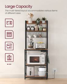 VASAGLE Hutch Bakers Rack With Power Outlet, 14 Hooks Microwave Stand, Adjustable Coffee Bar With Metal Wire Panel, Kitchen Storage Shelf, 15.7 X 23.6 X 66.9 Inches - 查看 7