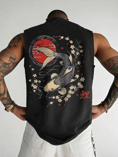 Men's Quality Casual Sleeveless Tank Top, Creative Koi Fish Pattern, Lightweight Round Neck, Breathable, Moisture-Wicking Quick-Drying, Suitable For Summer Workout Training, As Innerwear Or Outerwear