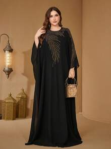 UNITHORSE Plus Size Women Round Neck Long Sleeve Heavily Embellished Chiffon Maxi Evening Dress Black Spring Fall - Black - View 2