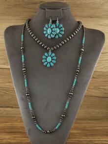 1 Set: 2pcs Necklaces + 1 Pair Earrings, Retro Cowboy Style Faux Turquoise Fashion Jewelry Set For Women - Antique Silver - View 6