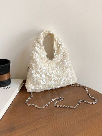 1pc High-Quality Ivory Sequin Shining Minimalist Small Handbag, Elegant Evening Clutch Bag For Women, Suitable For Date, Dance, Banquet, Party