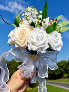 1pc Gorgeous Color Block Design Wedding Bouquet, Bride/Bridesmaid Handheld Flower, Roses With Ribbons & Lace Valentine's Day Accessories - White - View 15