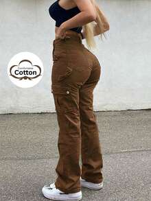 NVFelix Nuevos pantalones cargo estilo retro Y2K para mujer - Diseño con bolsillo con solapa, estilo streetwear (ropa de otoño) - Marrón - Ver 1